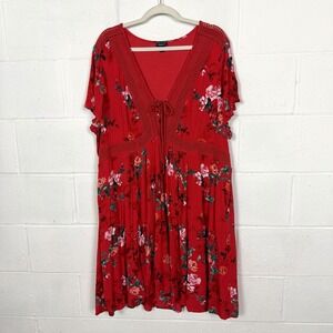 Torrid Hi-Lo Babydoll Dress Red Floral Crochet Lined Cottage Peasant BoHo SZ 3X
